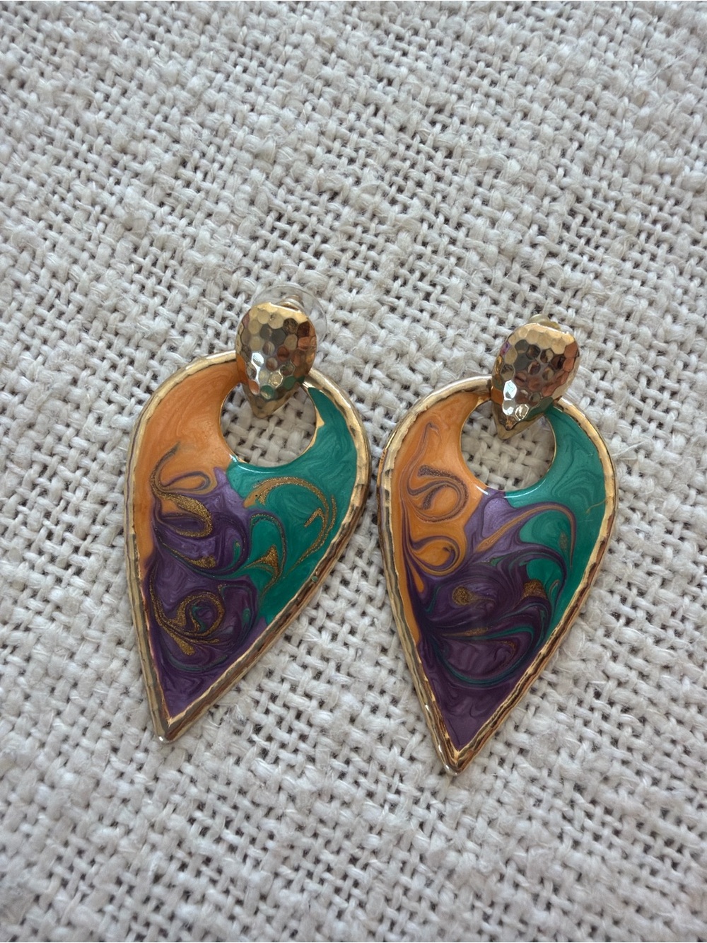 Vintage Gold-Tone Teardrop Earrings with Green, Purple & Orange Enamel Swirl